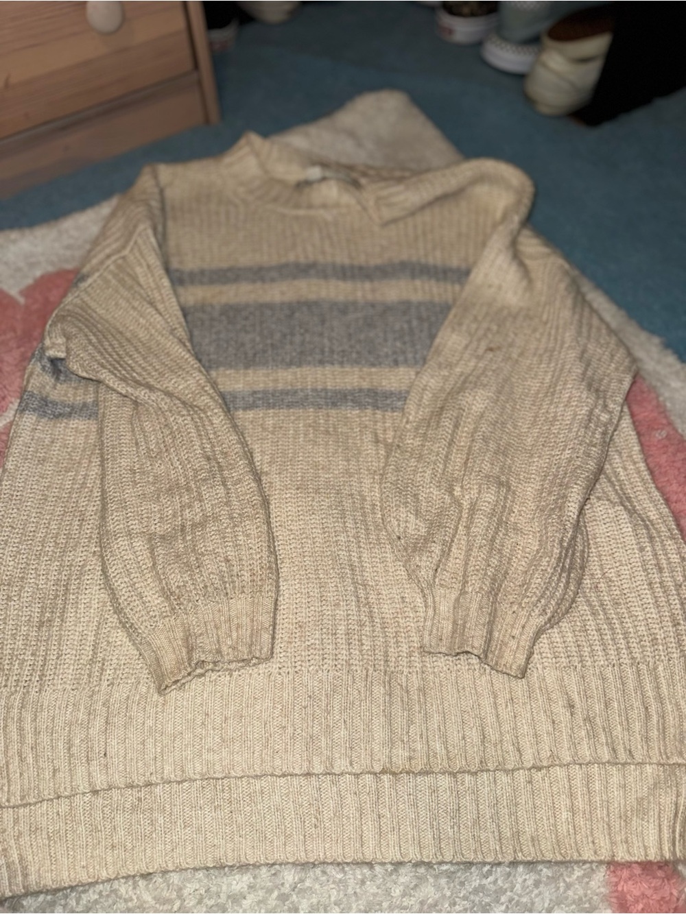 American Eagle Outfitters Cream Crewneck Sweater with Gray Stripes